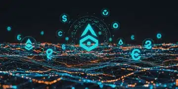 Futuristic DeFi landscape with Aave logo symbolizing high yield stablecoin staking.