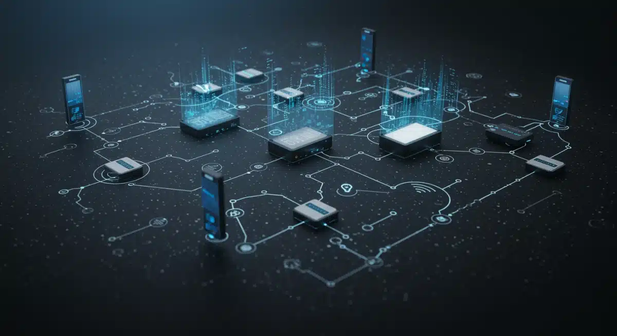 Decentralized Physical Infrastructure Network (DePIN) with interconnected devices and data streams.