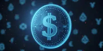 Futuristic digital dollar coin overshadowing various cryptocurrency logos.