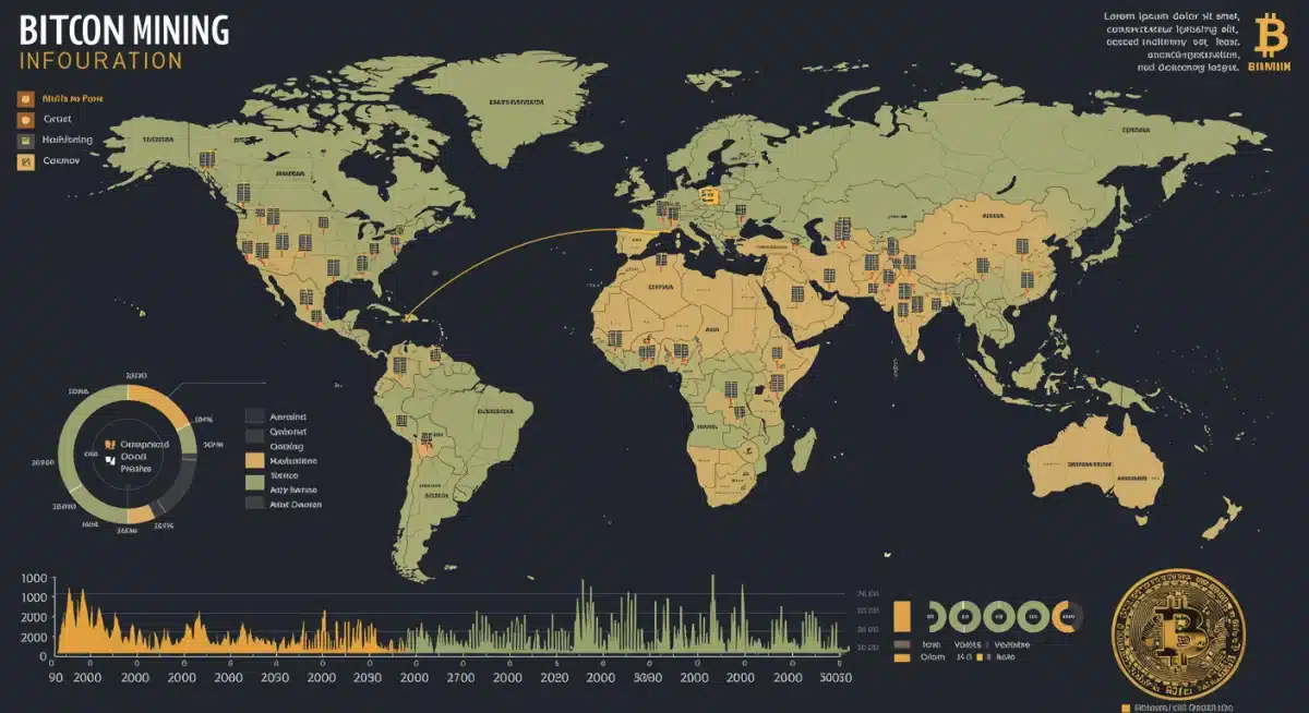 Infographic showing global Bitcoin mining distribution and hashing power trends