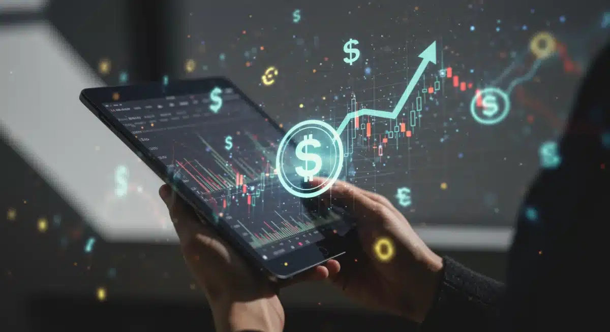 Investor analyzing financial charts with crypto and digital dollar symbols.