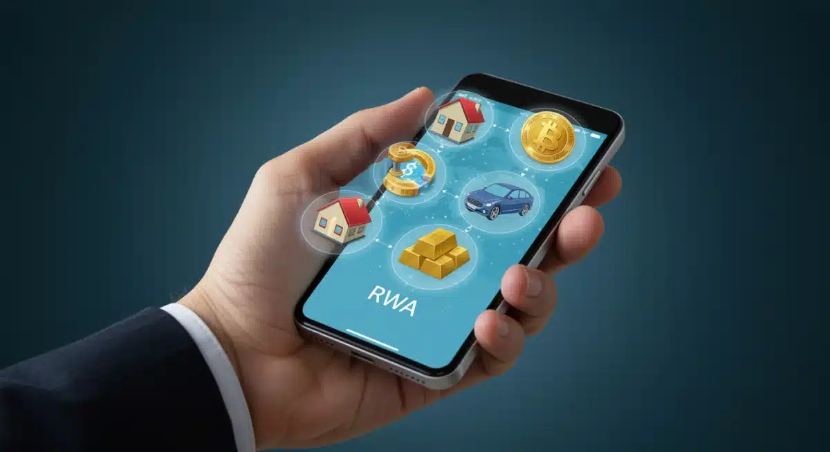 Smartphone displaying crypto wallet with tokenized real-world assets like a house, car, and gold bar.