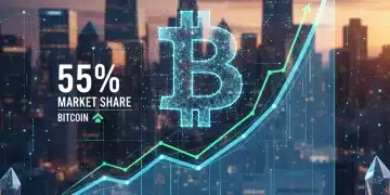 Bitcoin logo on a holographic chart indicating 55% market dominance, with a U.S. city skyline in the background, symbolizing future financial trends.