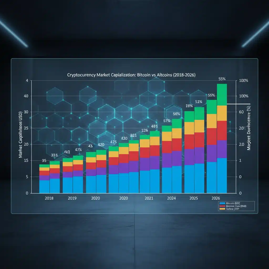 Bar chart comparing Bitcoin's market cap to altcoins, showing a clear trend towards 55% Bitcoin dominance by 2026.