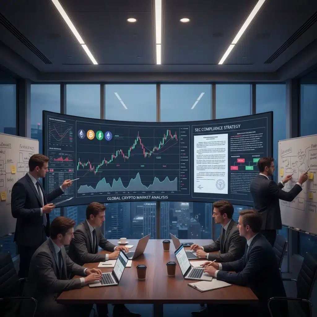 Financial professionals strategizing crypto fund compliance with SEC regulations.