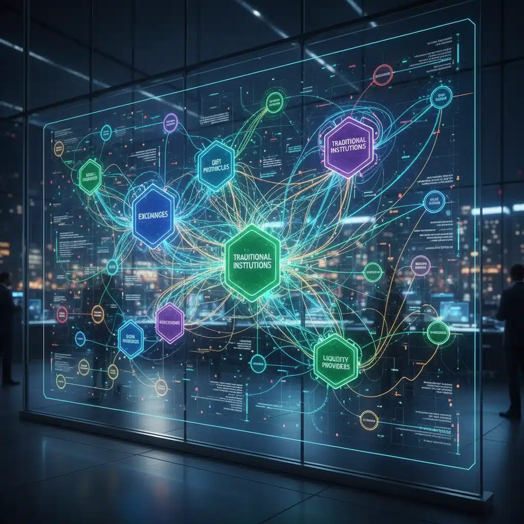 Interconnected network of crypto market participants and regulators
