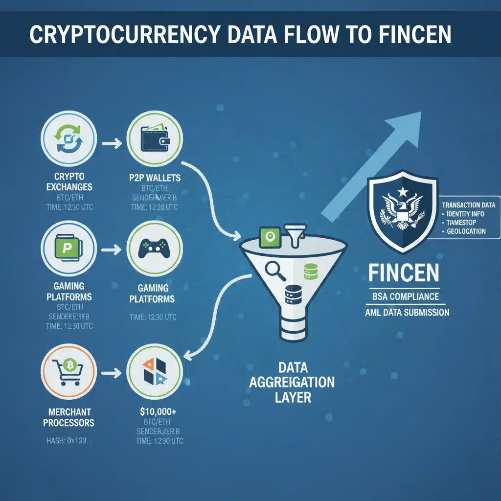 Infographic showing data flow for FinCEN crypto transaction reporting from VASPs.