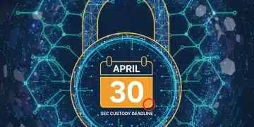Digital padlock over blockchain, symbolizing secure crypto custody and the SEC's April 2026 deadline for US funds.