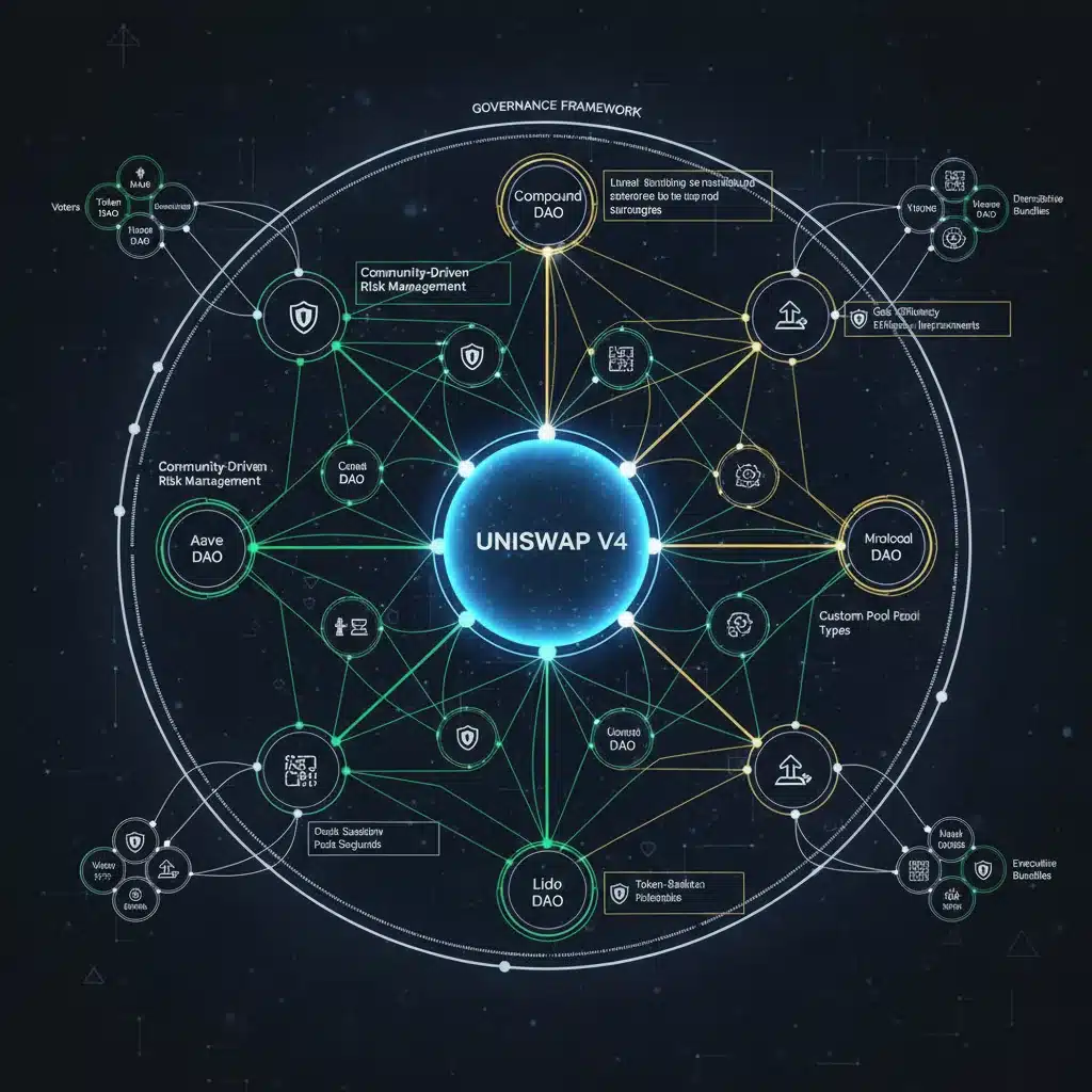 Network diagram of DAO governance interacting with Uniswap V4 for enhanced risk management and protocol evolution.