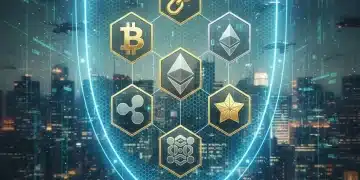 Digital shield protecting cryptocurrency assets in a futuristic DeFi landscape