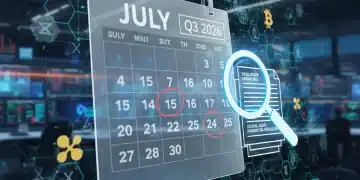 Digital ledger with crypto symbols and calendar highlighting Q3 2026 for FinCEN reporting compliance.