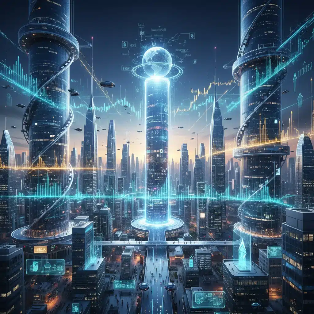 Futuristic cityscape with digital data flow representing crypto market evolution