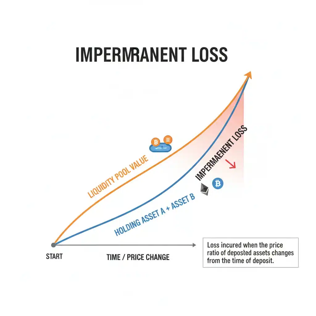 Infographic explaining impermanent loss in cryptocurrency, showing asset price divergence and potential capital loss.
