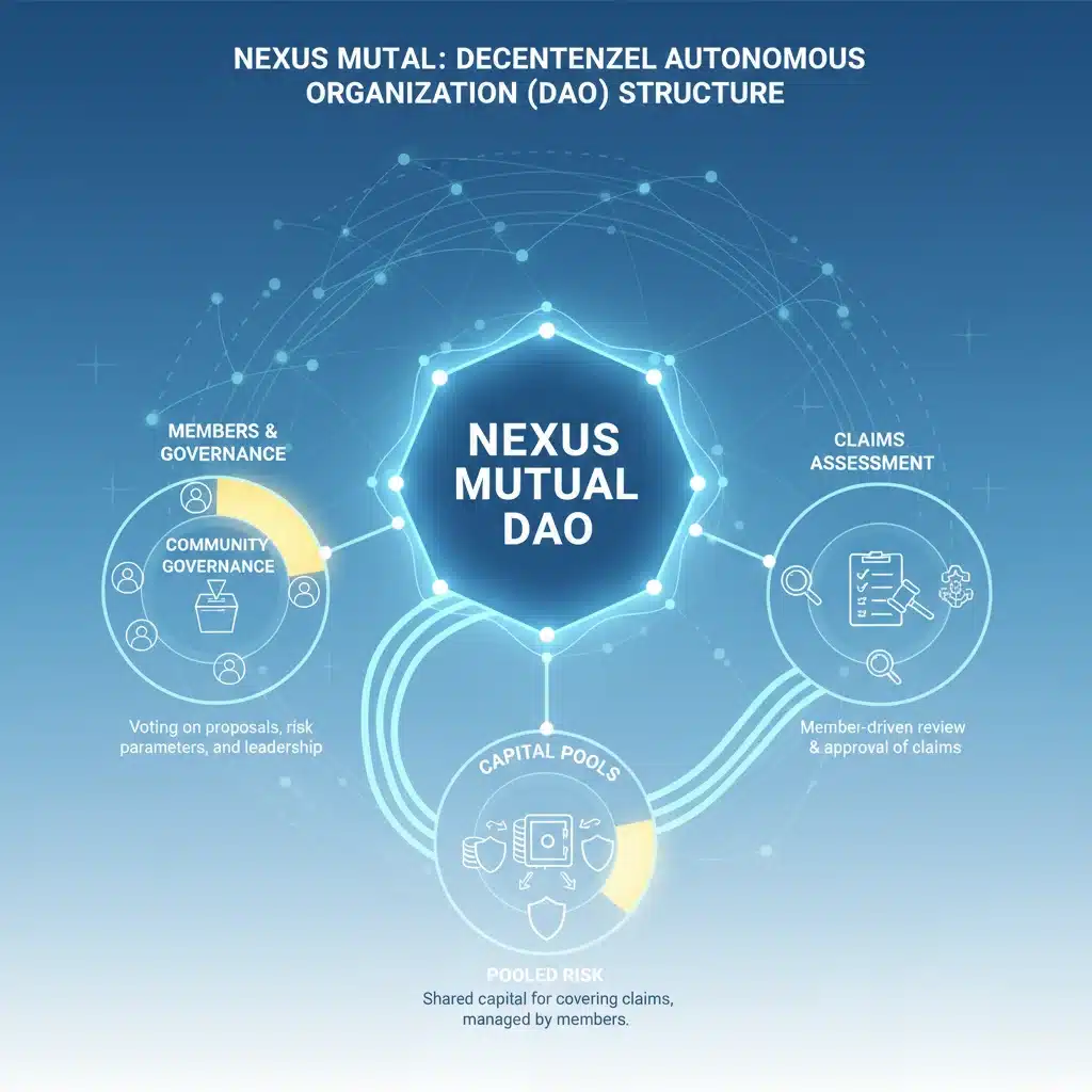 Infographic illustrating Nexus Mutual's decentralized autonomous organization structure