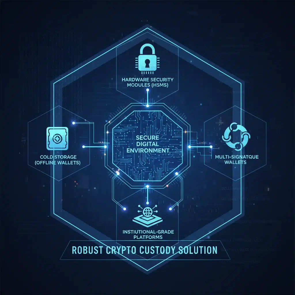 Diagram of robust crypto custody solutions including hardware, cold storage, and multi-sig wallets.