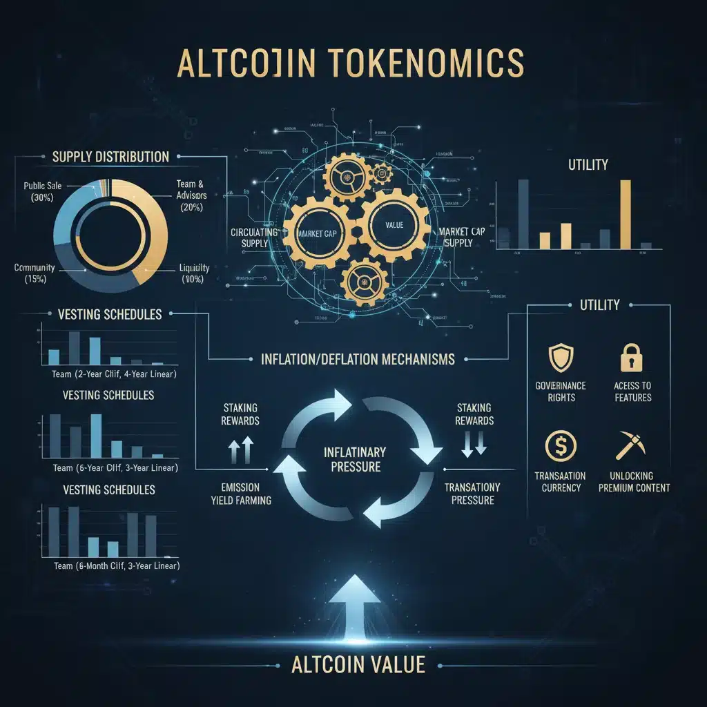 Tokenomics analysis diagram showing supply, vesting, and utility for altcoin valuation