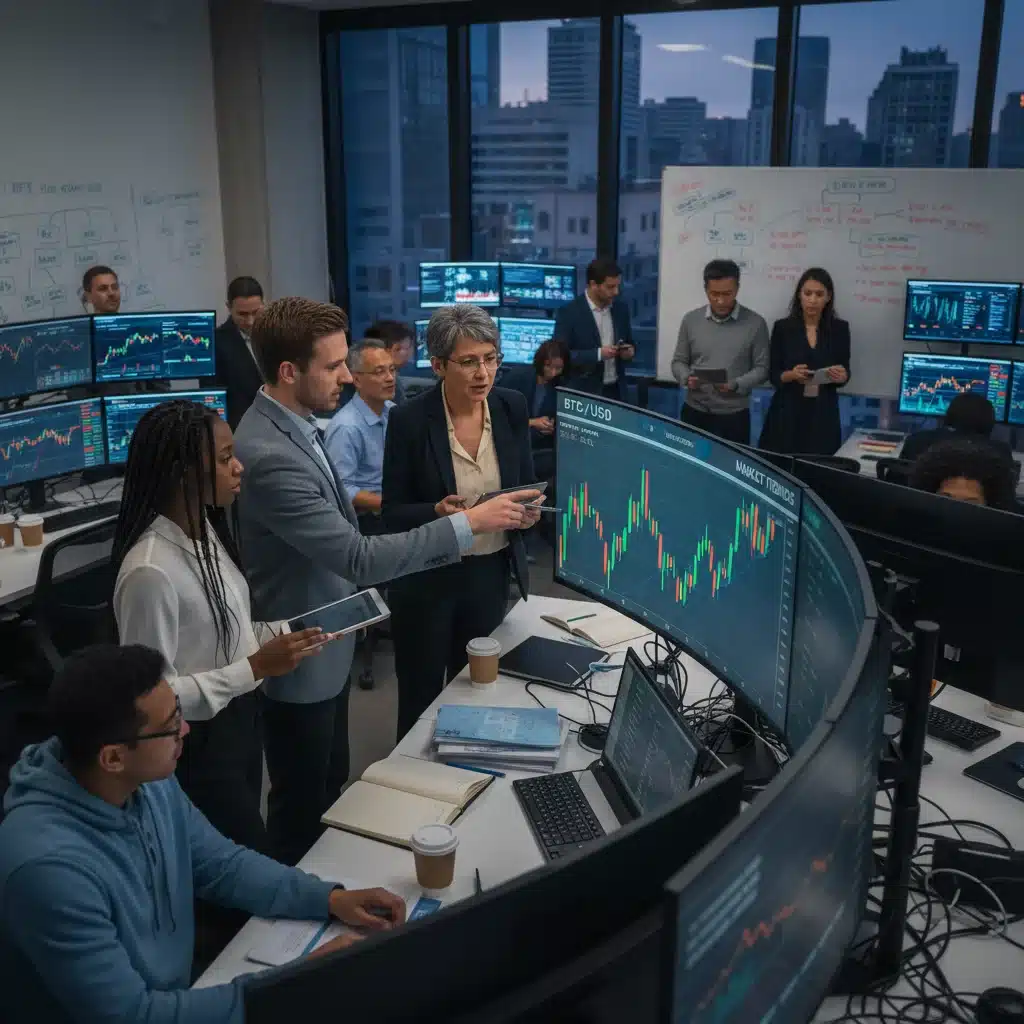 U.S. investors analyzing cryptocurrency charts and discussing strategies in a modern office setting.