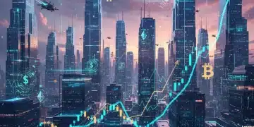 Futuristic digital cityscape with crypto symbols and market graph representing the 2026 Altcoin Market for US traders.