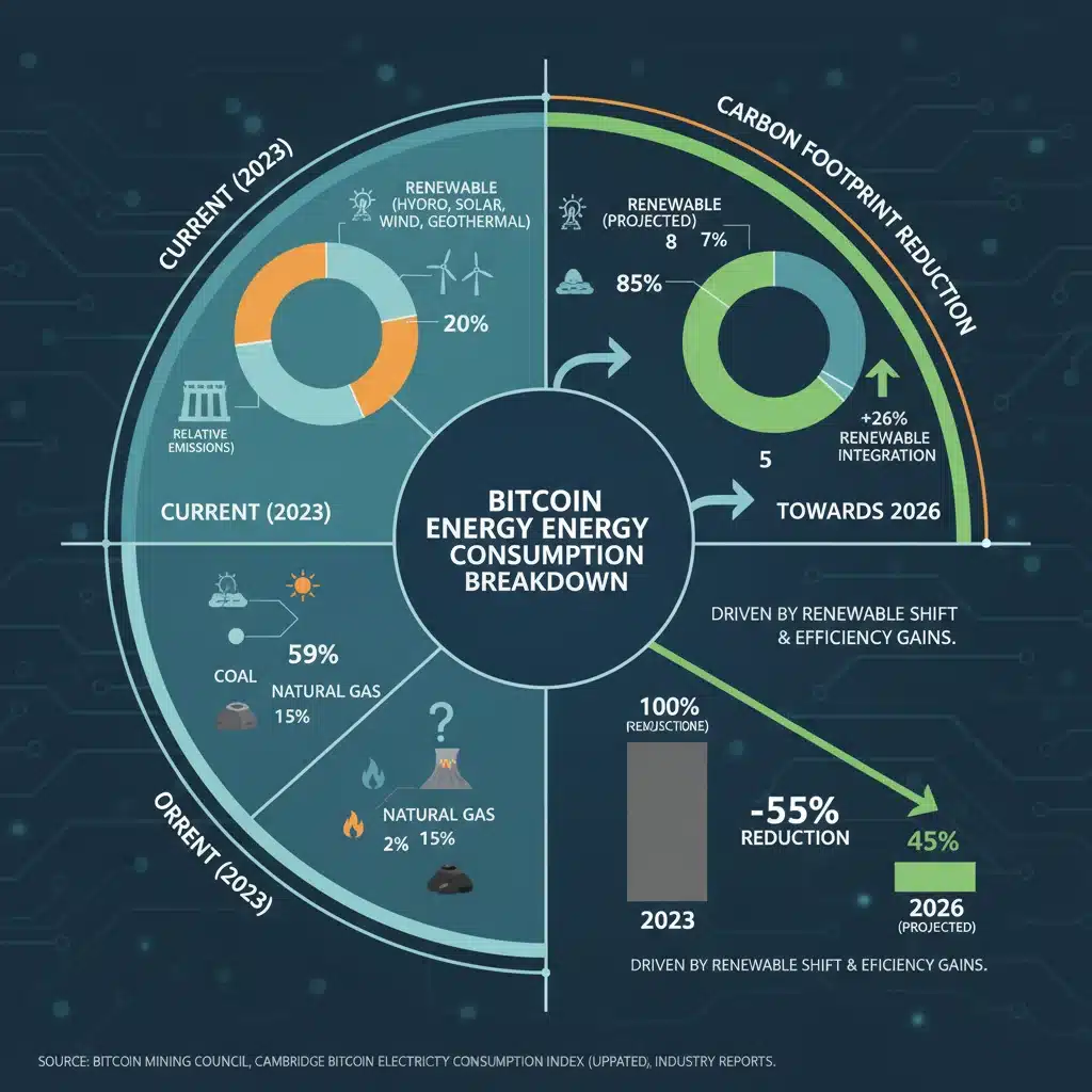 Infographic illustrating Bitcoin's energy mix, renewable adoption, and carbon footprint reduction projections for 2026.