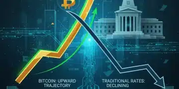 Bitcoin price chart with Federal Reserve building and falling interest rates in the background, representing financial impact in early 2026.