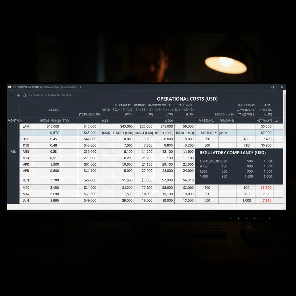 Financial ledger showing Bitcoin mining revenue, costs, compliance, and profit in U.S. dollars.