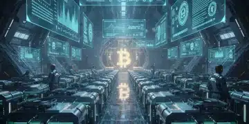 Futuristic Bitcoin mining farm with energy-efficient machines and regulatory documents representing 2026 U.S. impact.