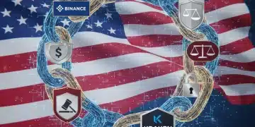 Digital chain linking crypto exchanges to regulatory symbols, US flag background