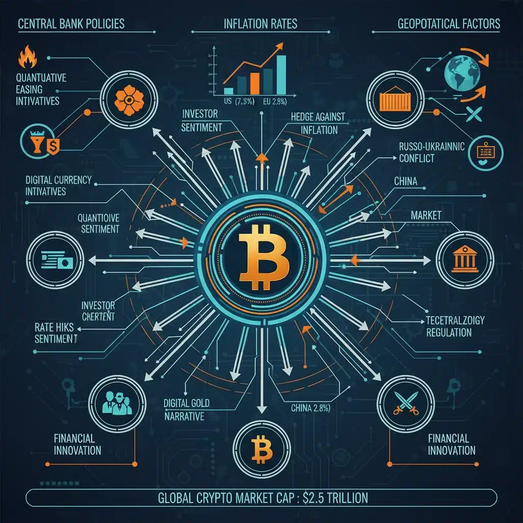 Global macroeconomic factors influencing Bitcoin, including central bank policies, inflation, and geopolitics.
