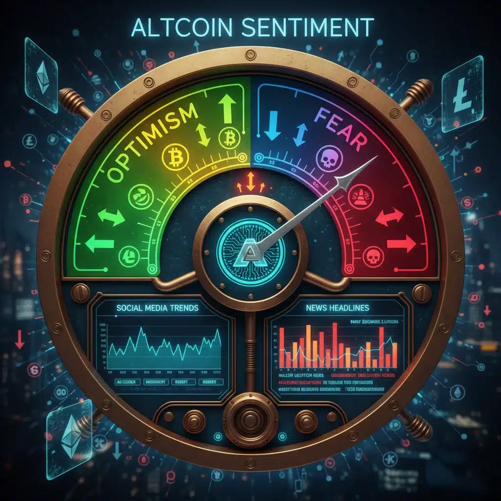 Market sentiment indicator with charts, social media trends, and news headlines for altcoin traders.