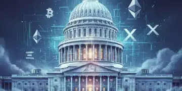 US Capitol building with cryptocurrency symbols, blockchain network, and data flow representing regulatory impact on altcoins.