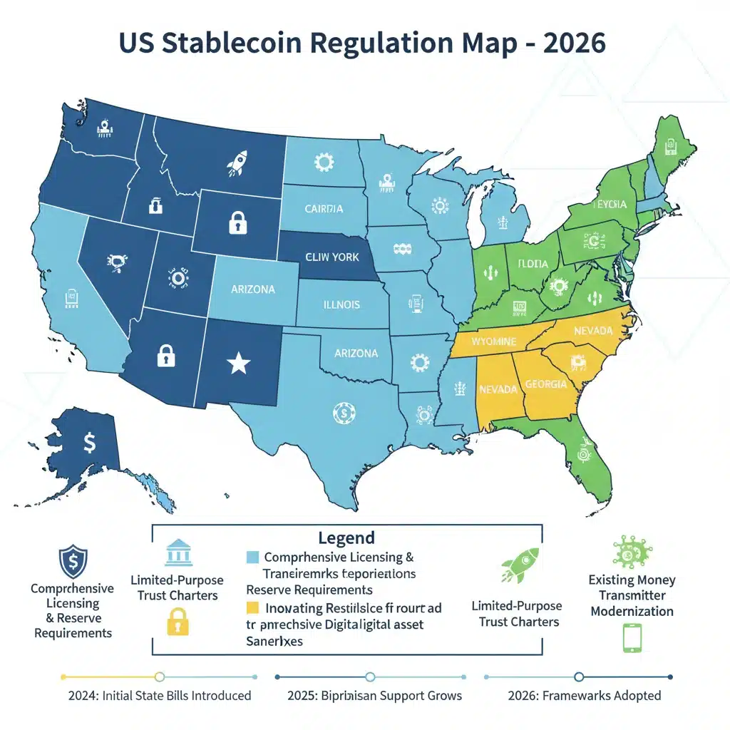 Infographic mapping diverse stablecoin regulatory frameworks across US states in 2026.