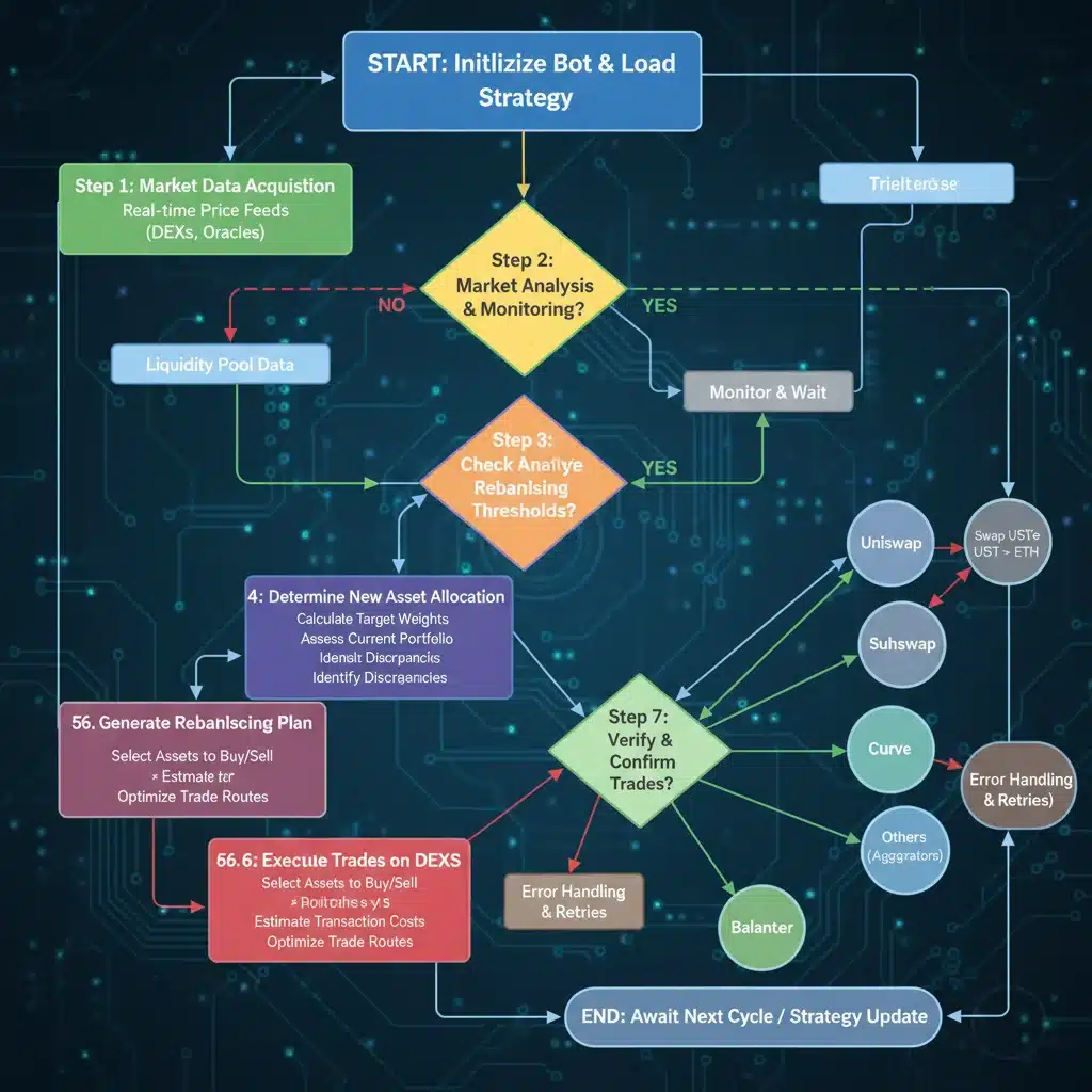 Automated DeFi rebalancing bot workflow diagram