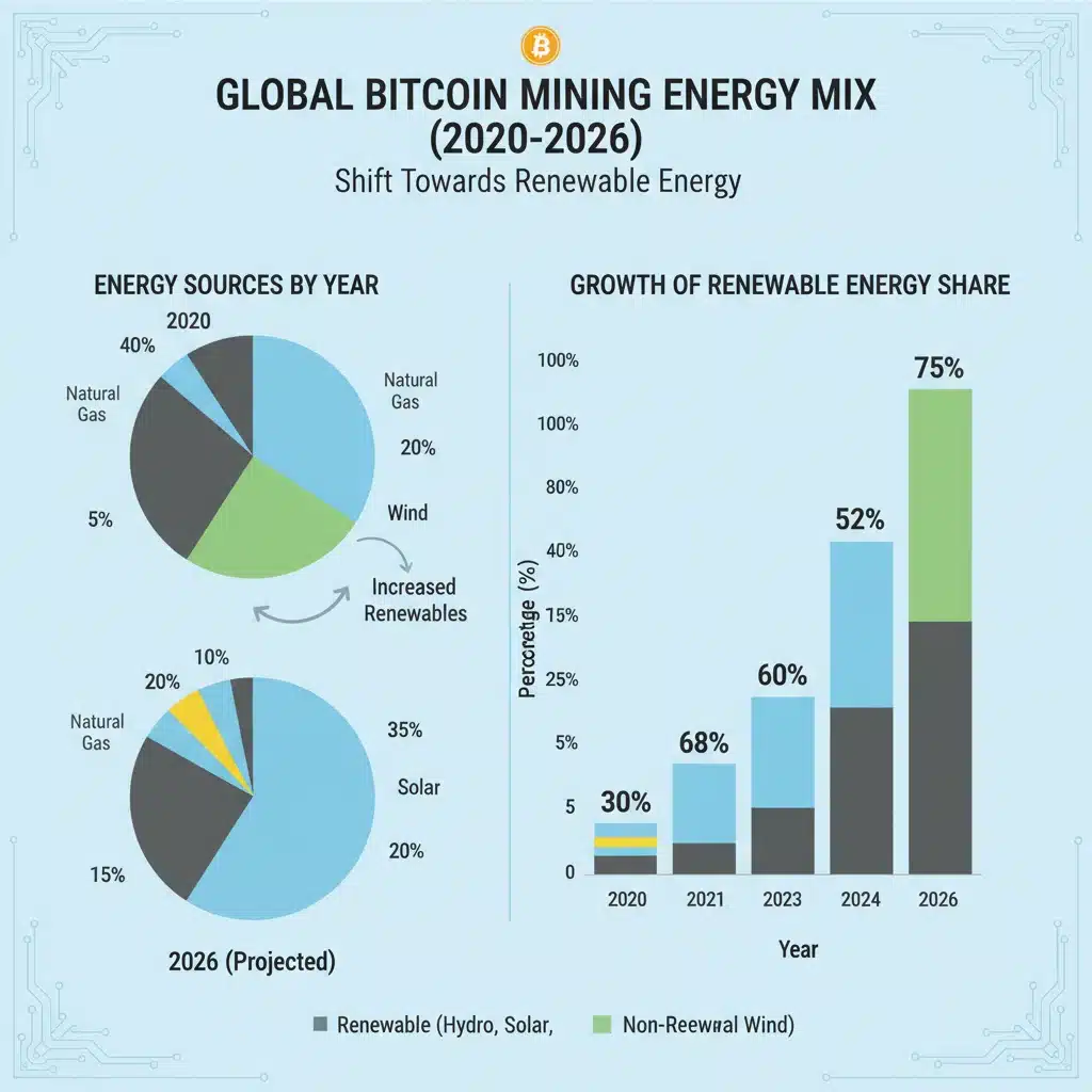 Infographic showing global Bitcoin mining energy sources, highlighting renewable energy growth.