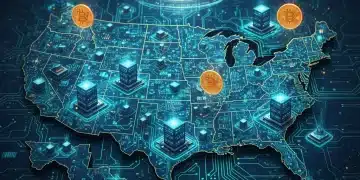 Future of Bitcoin mining in the United States by 2026, showing data centers and energy grids.
