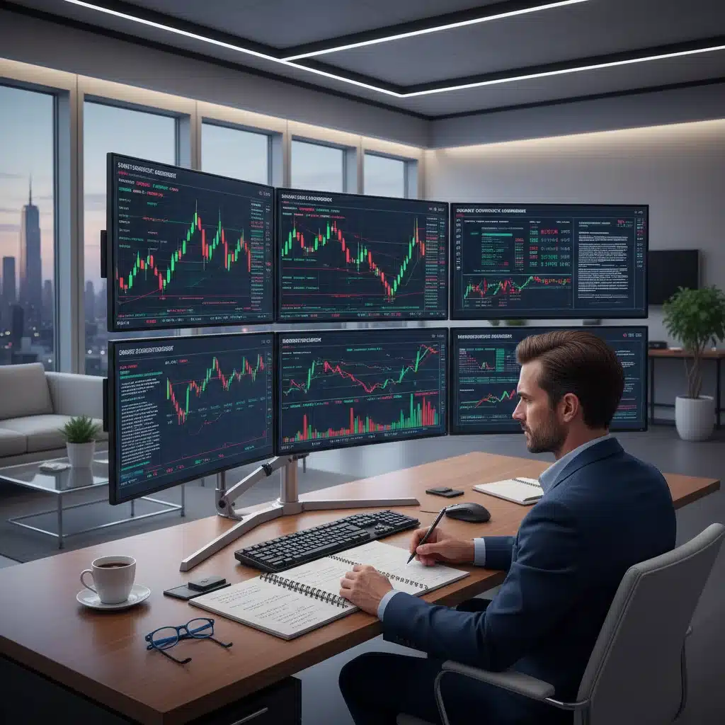 Investor strategizing for crypto staking in a regulated environment with multiple screens.