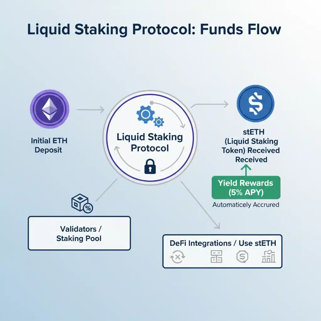 Infographic explaining the mechanics of liquid staking protocols.