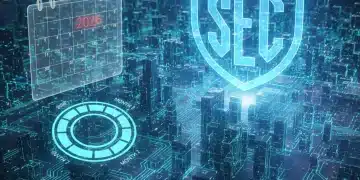 Illustration of SEC oversight on crypto staking with futuristic blockchain elements and a countdown to 2026.