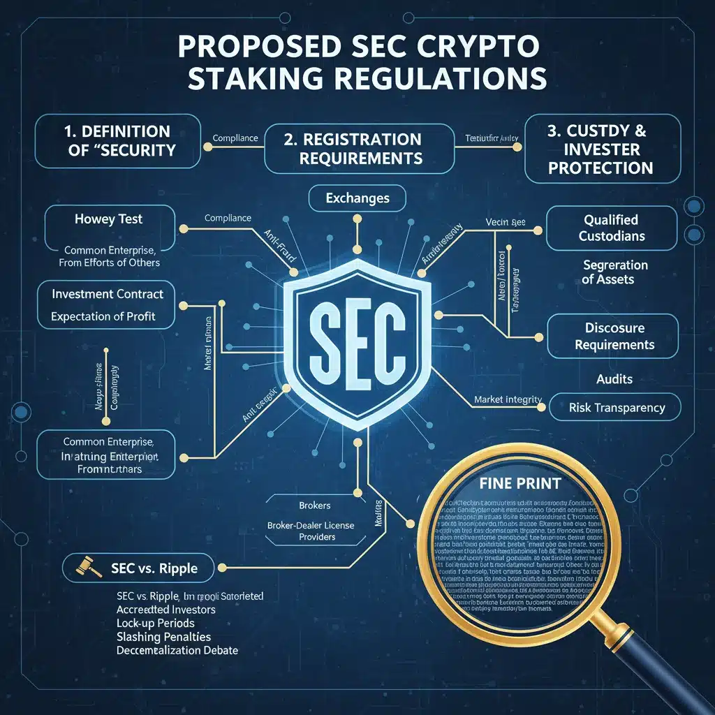 Infographic detailing key components of upcoming SEC crypto staking regulations.