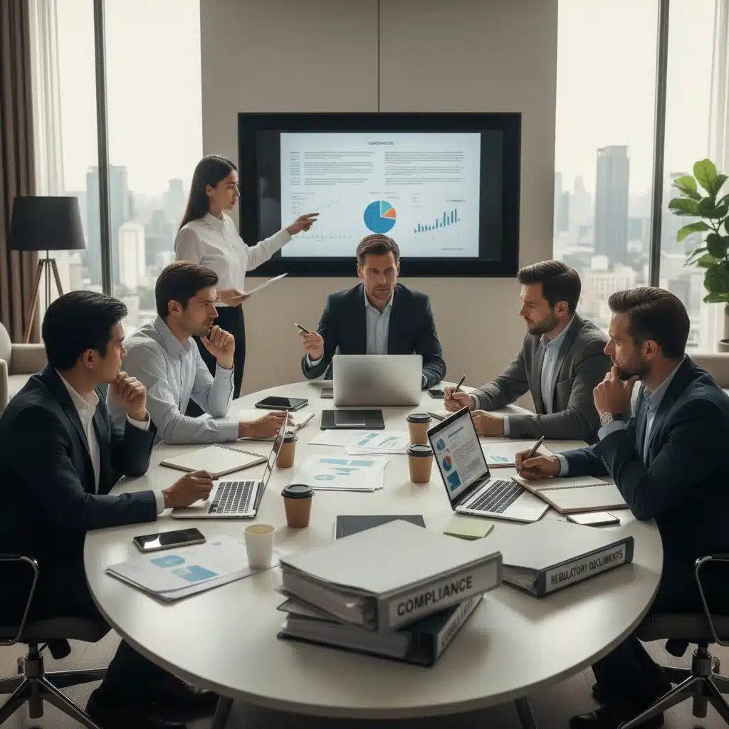Business team collaborating on strategies to manage crypto regulatory compliance.